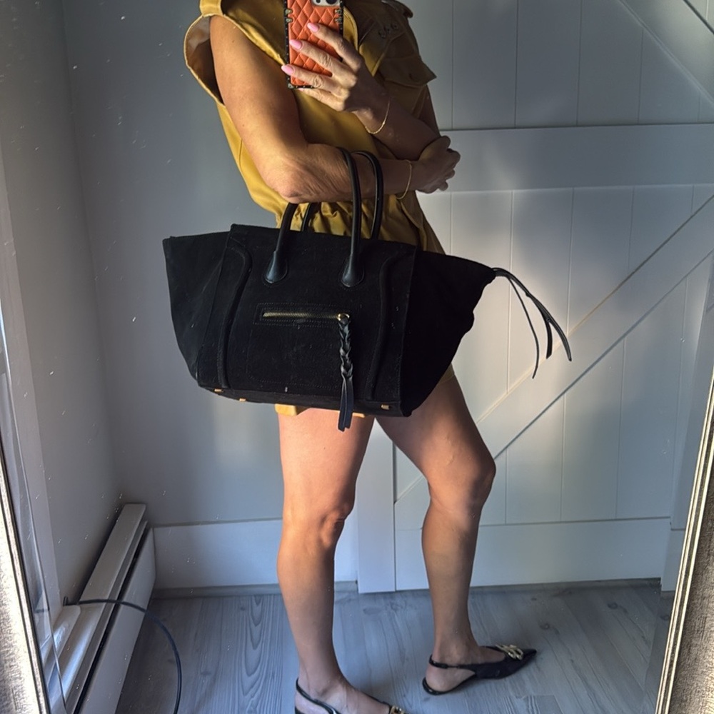 Black Suede Tote Bag with Braided Zip Pulls - Picture 5 of 5
